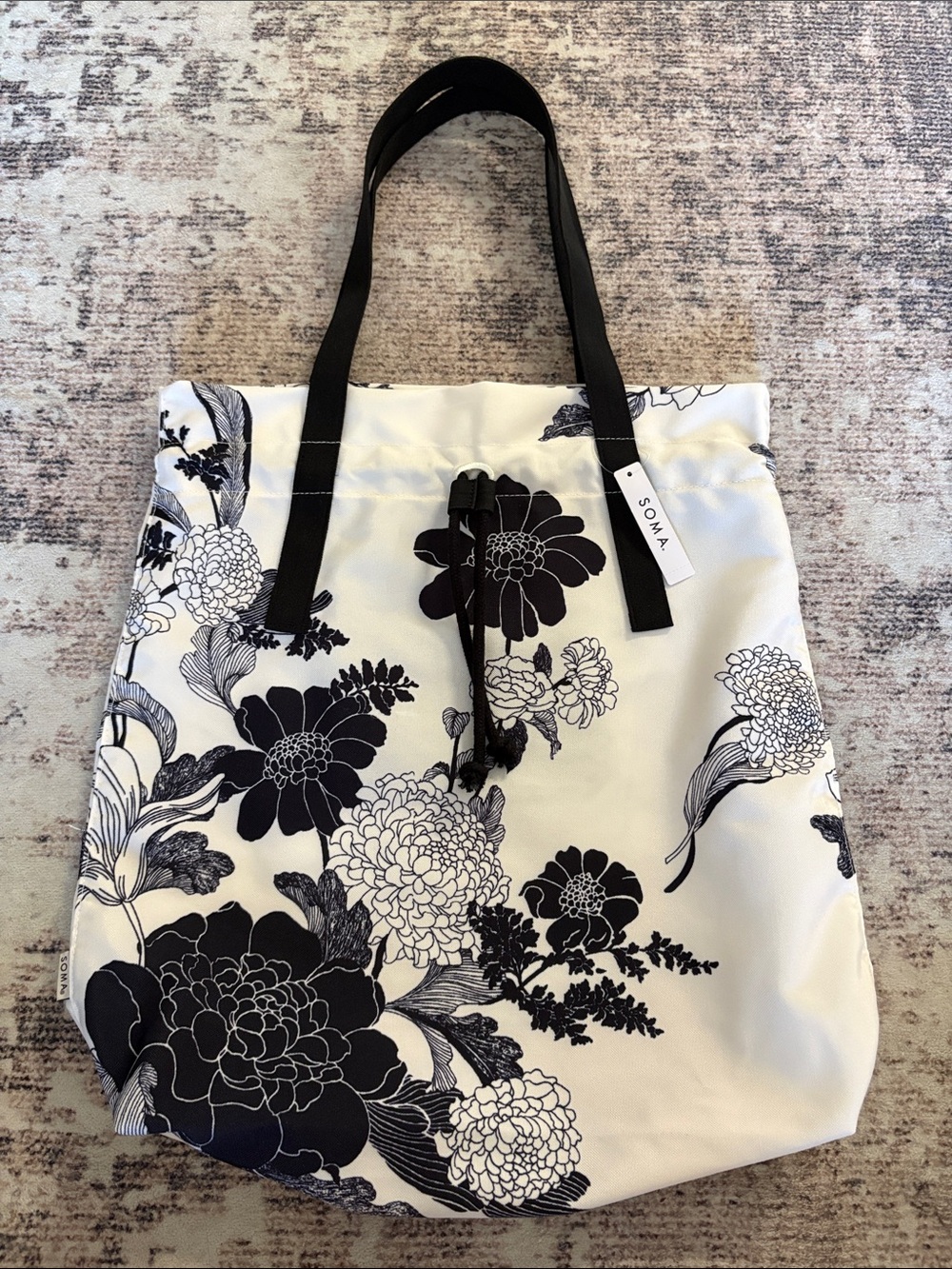 Soma Black & White Floral Drawstring Tote